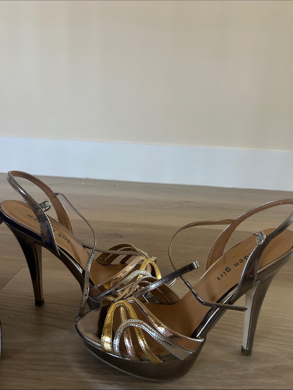 Madden Girl Metallic Gold and Silver Strappy High Heels - Picture 2 of 4